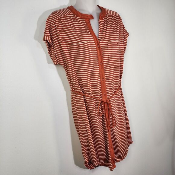 Fossil Womens Mini Dress Small Button Up Orange Striped Tie Waist Short Sleeve - Picture 5 of 9